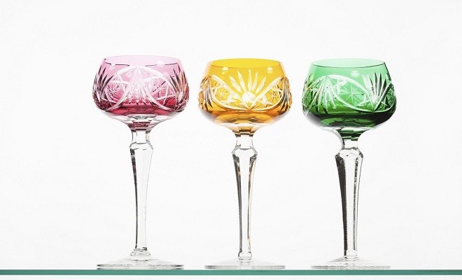 Red, green and yellow crystal wineglasses